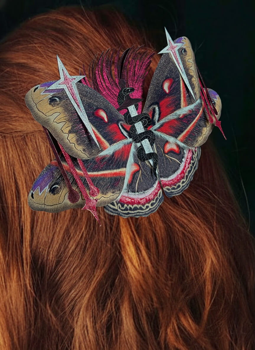 Cecropia Oath, Paper Fantasy moth based on Cecropia Moth, Butterfly hair clip