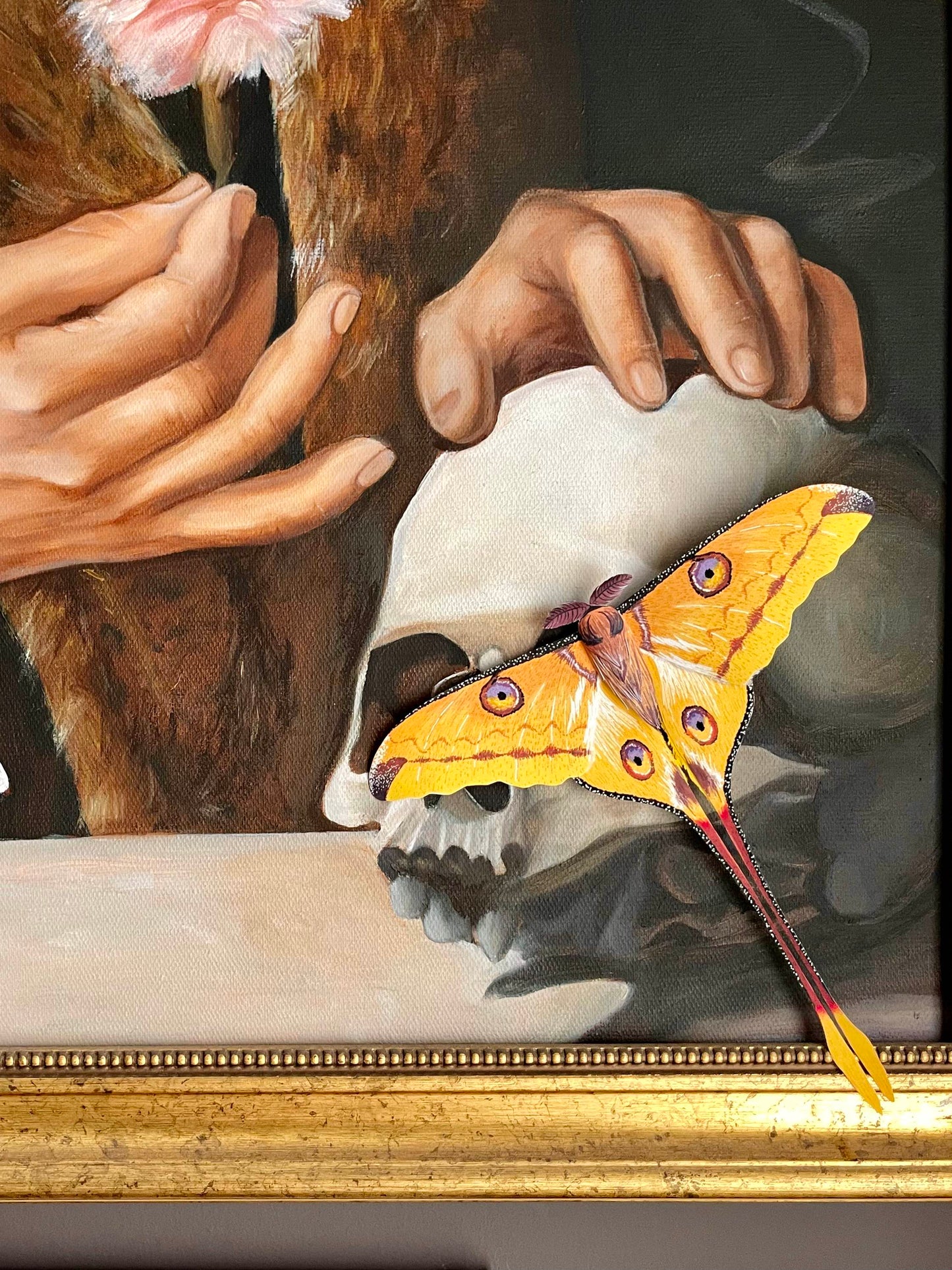Paper Moth, Realistic paper comet moth/ Madagascan moon moth on oil painting, skull