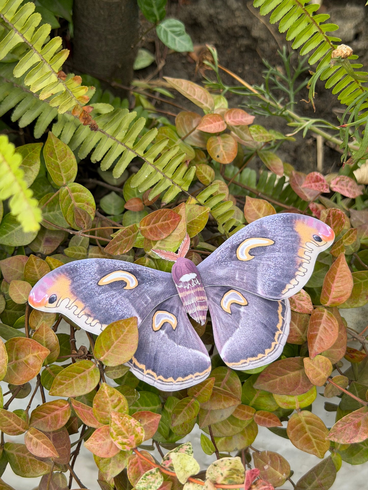 Dark Moon Emperor Moth made of PAPER on a leafy green background