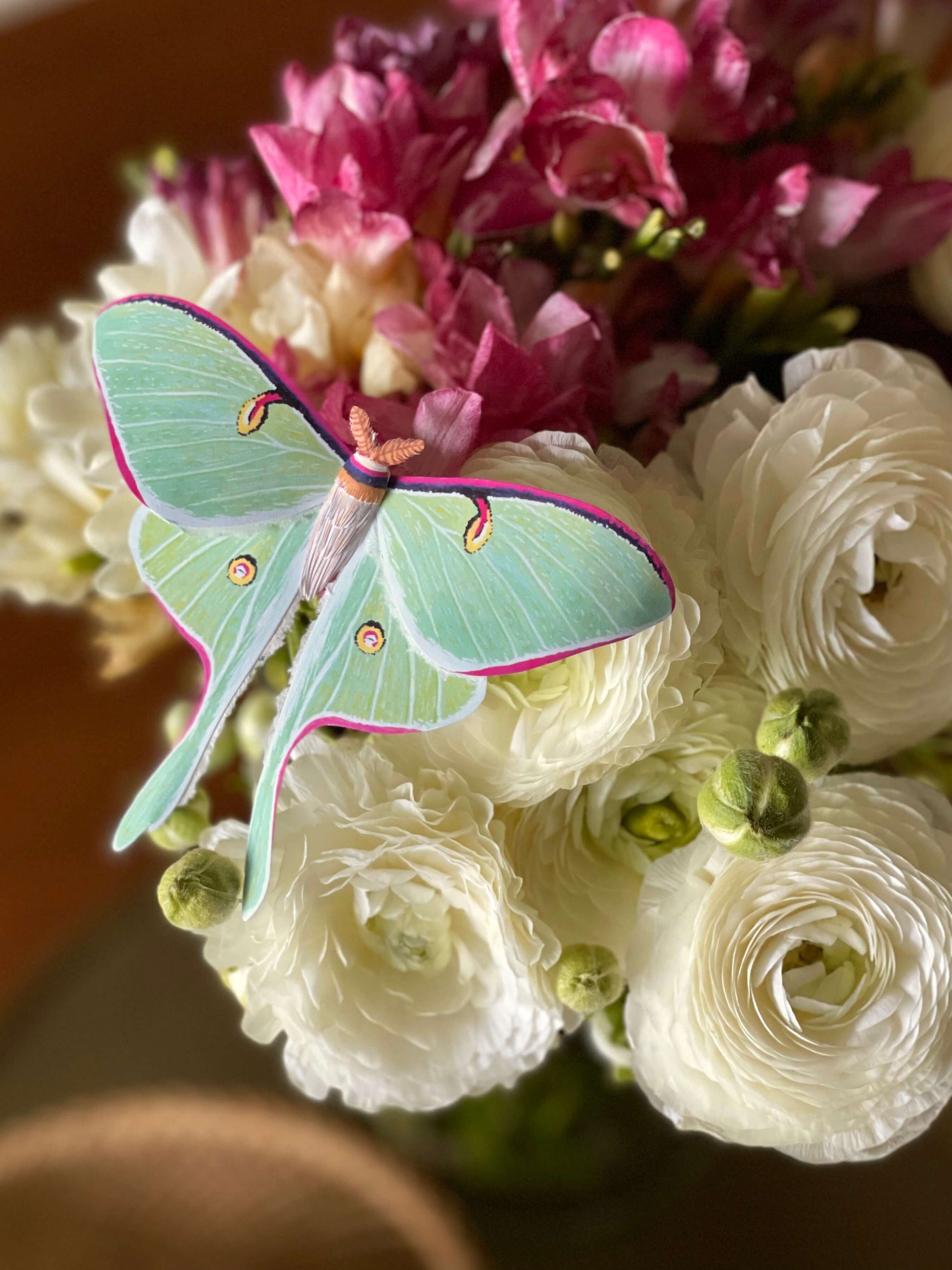 Paper Moth, Realistic paper Luna moth, moon moth perched on flowers