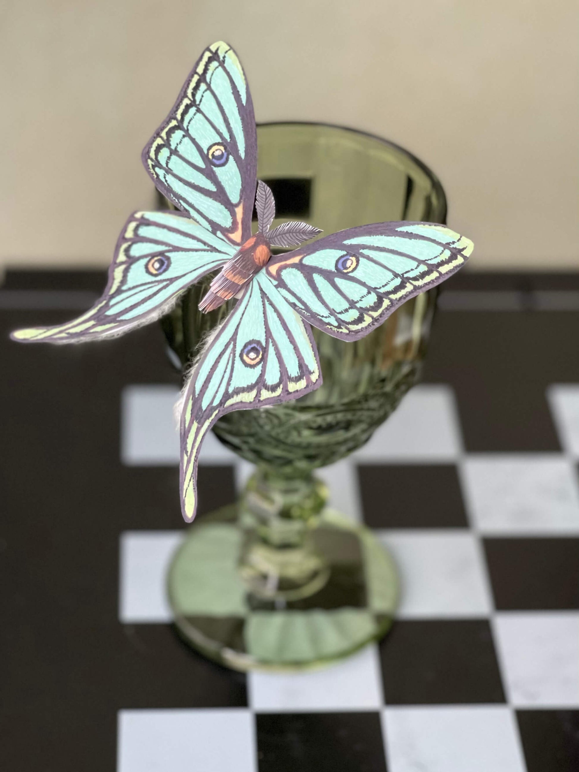 Paper Moth, Paper Spanish Moon Moth, Spanish Luna Moth staying on a green glass