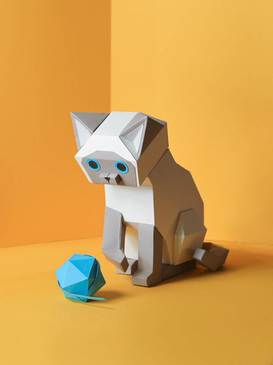 papercraft siamese cat playing with a blue yarn ball, an adorable DIY gift or for home decor, made from Digital Template