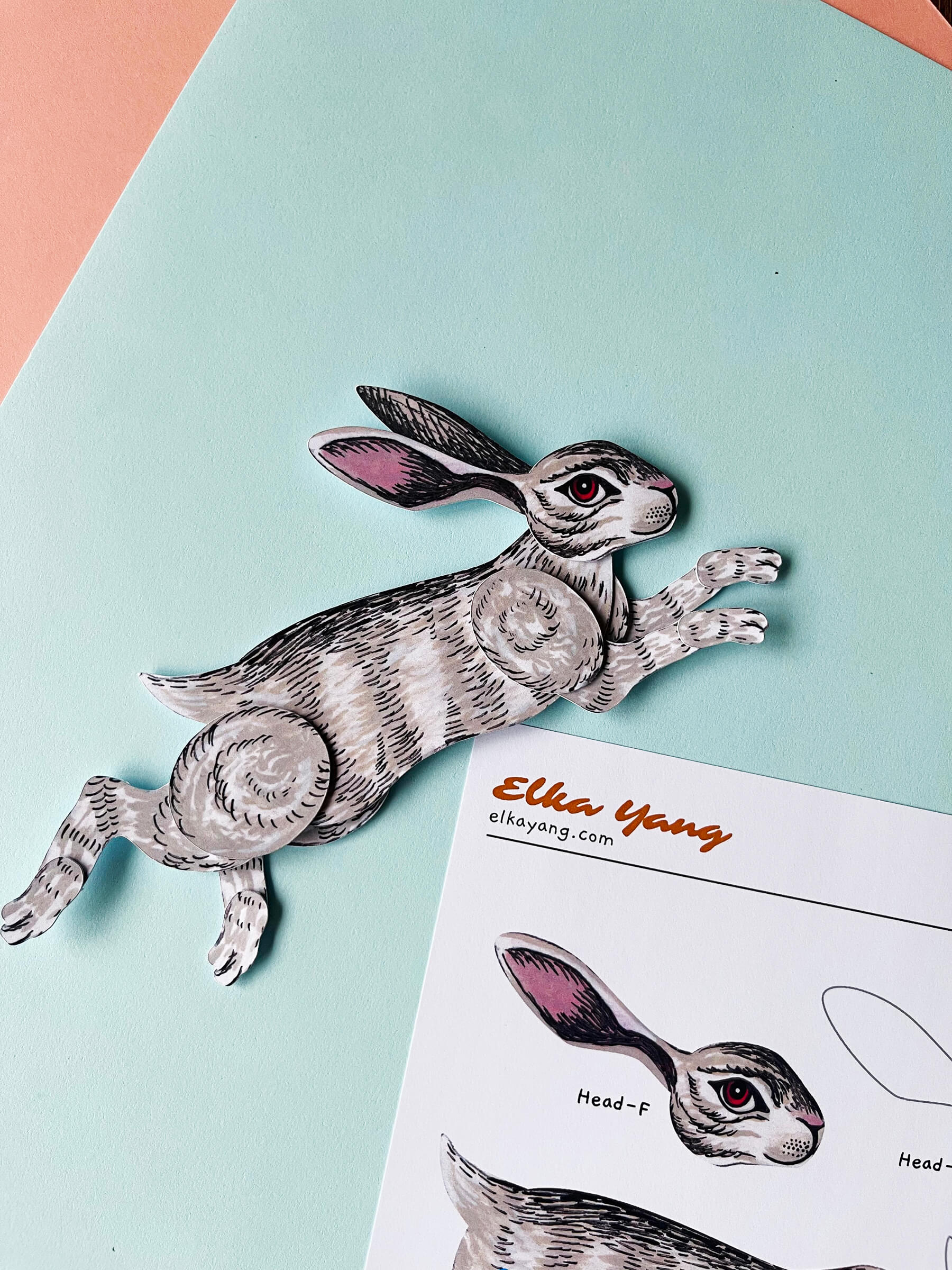 Easter decor of bunny paper doll running, on a digital template