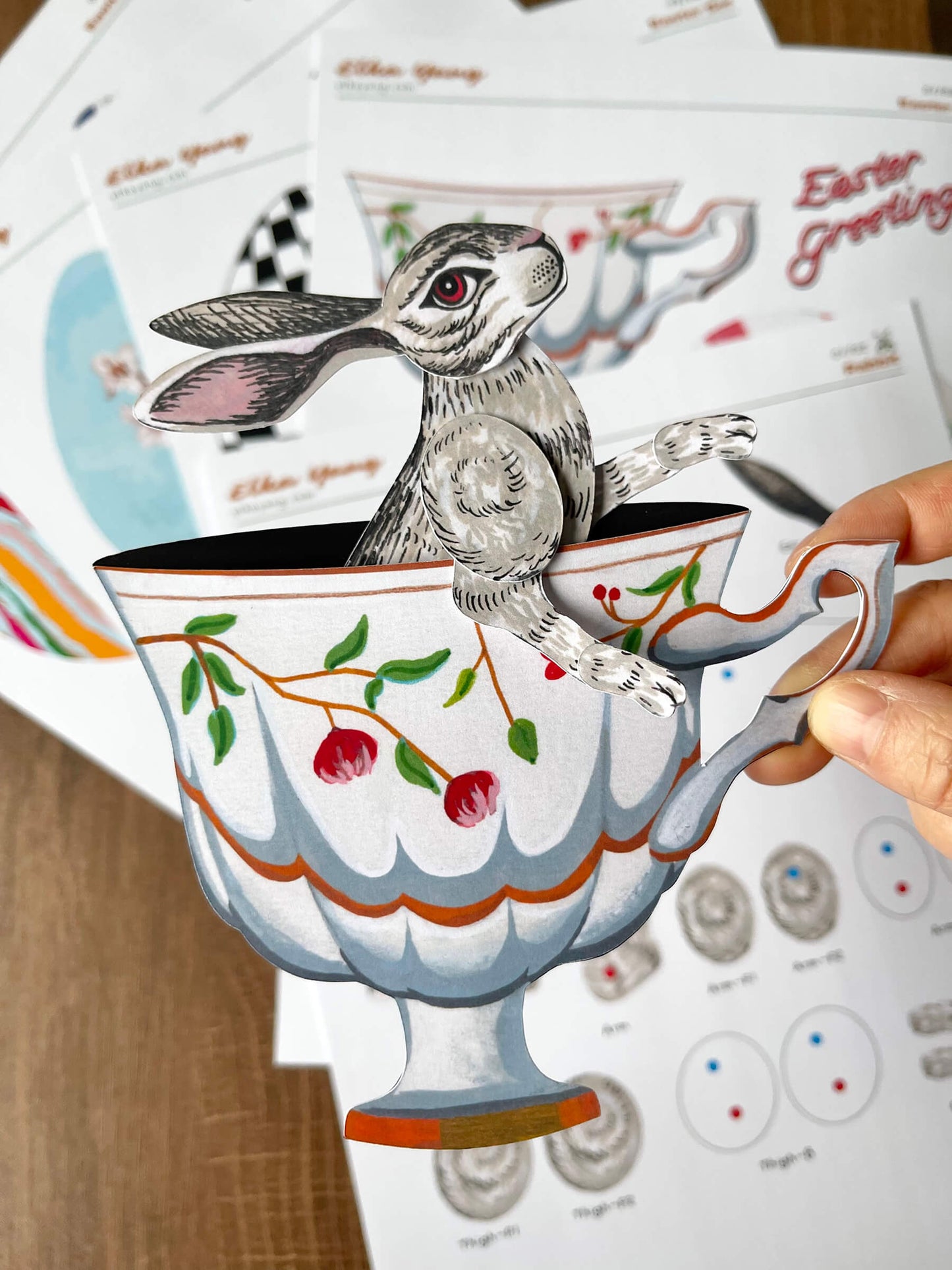 Easter decor of vintage bunny in a tea cup, this paper doll is made from a digital template