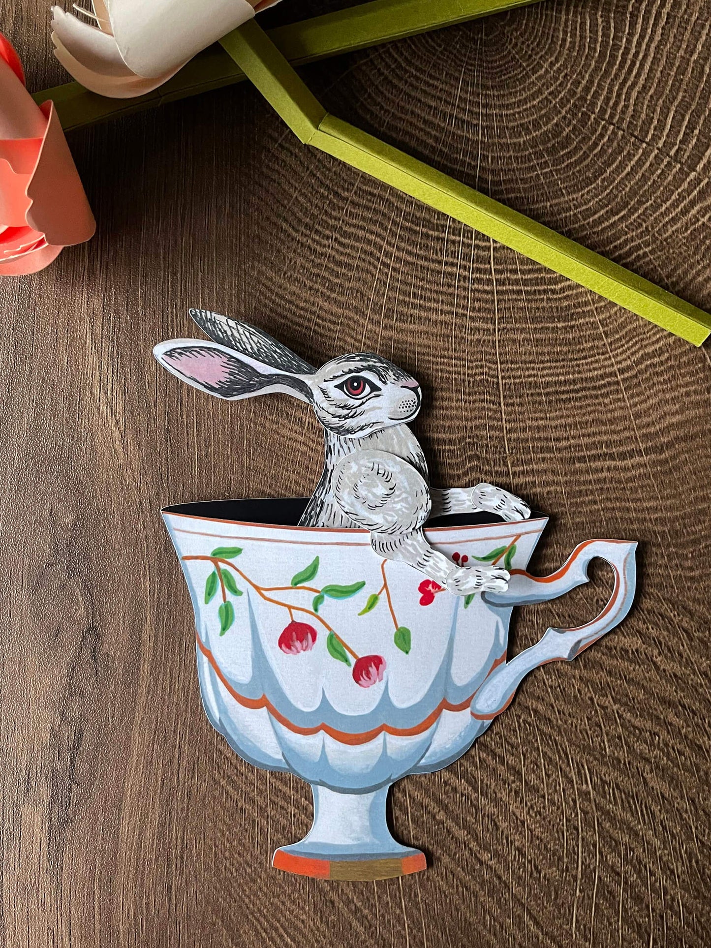 papercraft Easter decor of vintage bunny in a tea cup