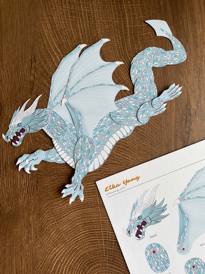 DIY Dragon Paper Doll, Ice Dragon, papercraft project