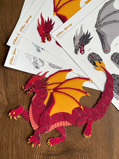 Dragon Paper Doll, Fire Dragon, papercraft project, Paper DIY