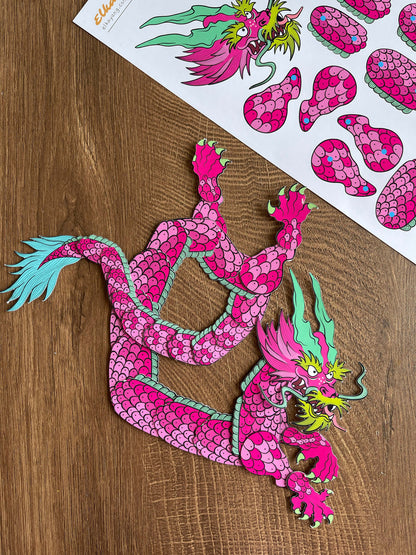 Pink Japanese dragon paper doll, Chinese dragon paper doll, East dragon paper doll