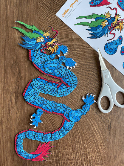 Blue Japanese dragon paper doll, Chinese dragon paper doll, East dragon paper doll