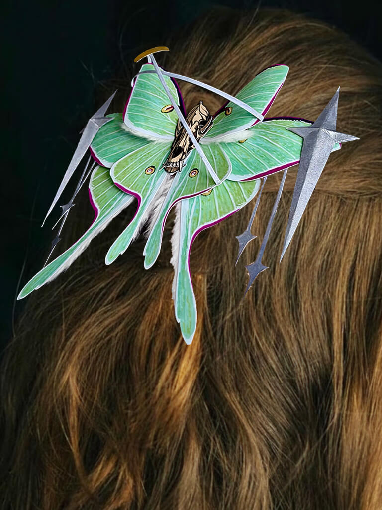 Luna Requiem, Paper Fantasy Moth Based on Real Luna Moth, butterfly Hair accessory on brown hair
