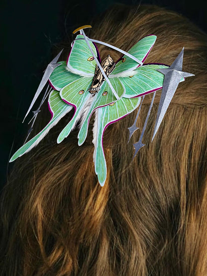 Luna Requiem, Paper Fantasy Moth Based on Real Luna Moth, butterfly Hair accessory on brown hair