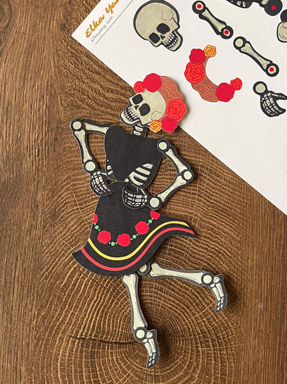 Halloween skeleton paper doll, spooky skeleton paper doll, Halloween ornament, skeleton in skirt