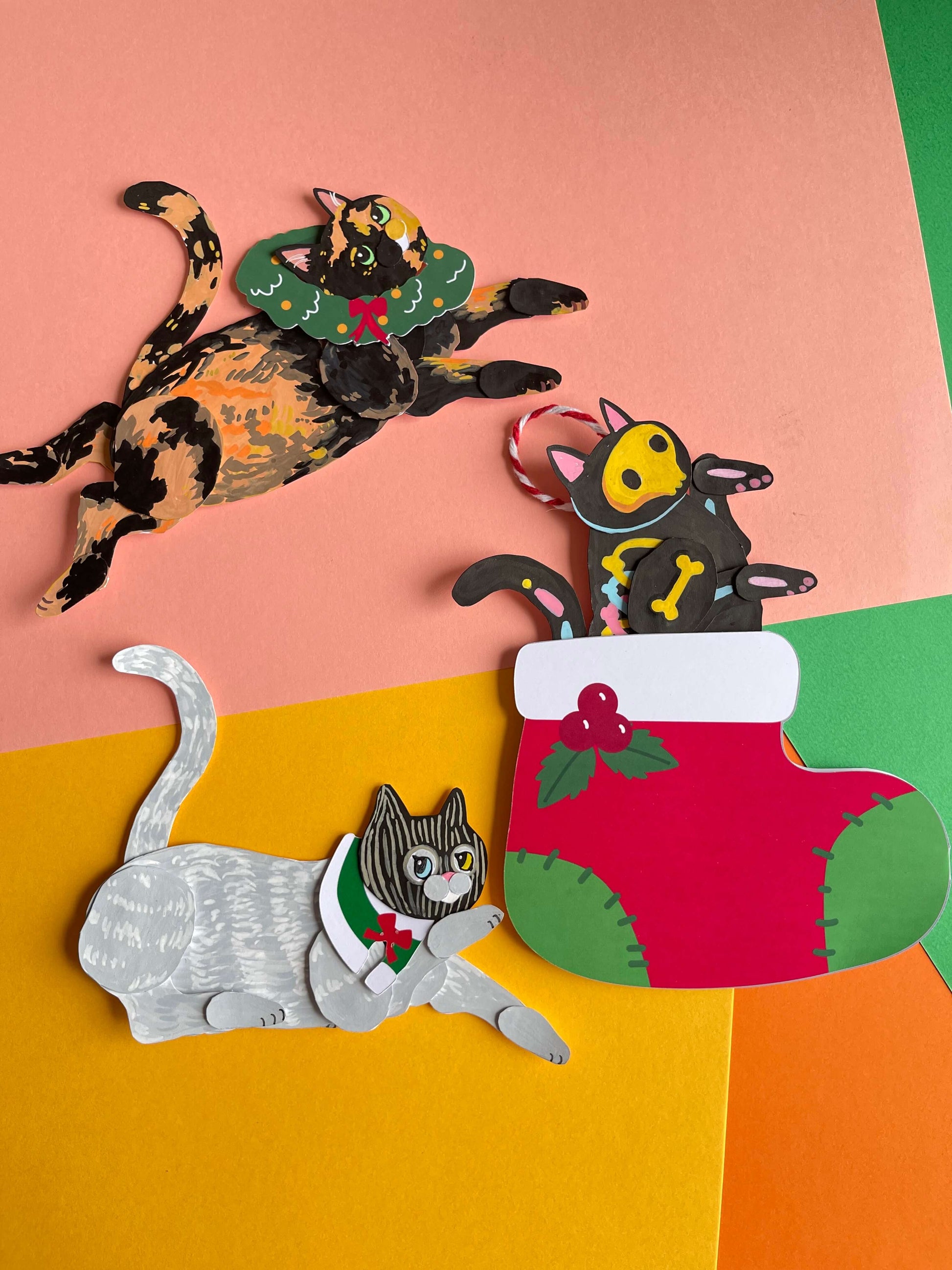 Christmas cat paper dolls, Cat paper doll digital template by ElkaYang. Christmas Cat ornament. Perfect for cat lovers. 