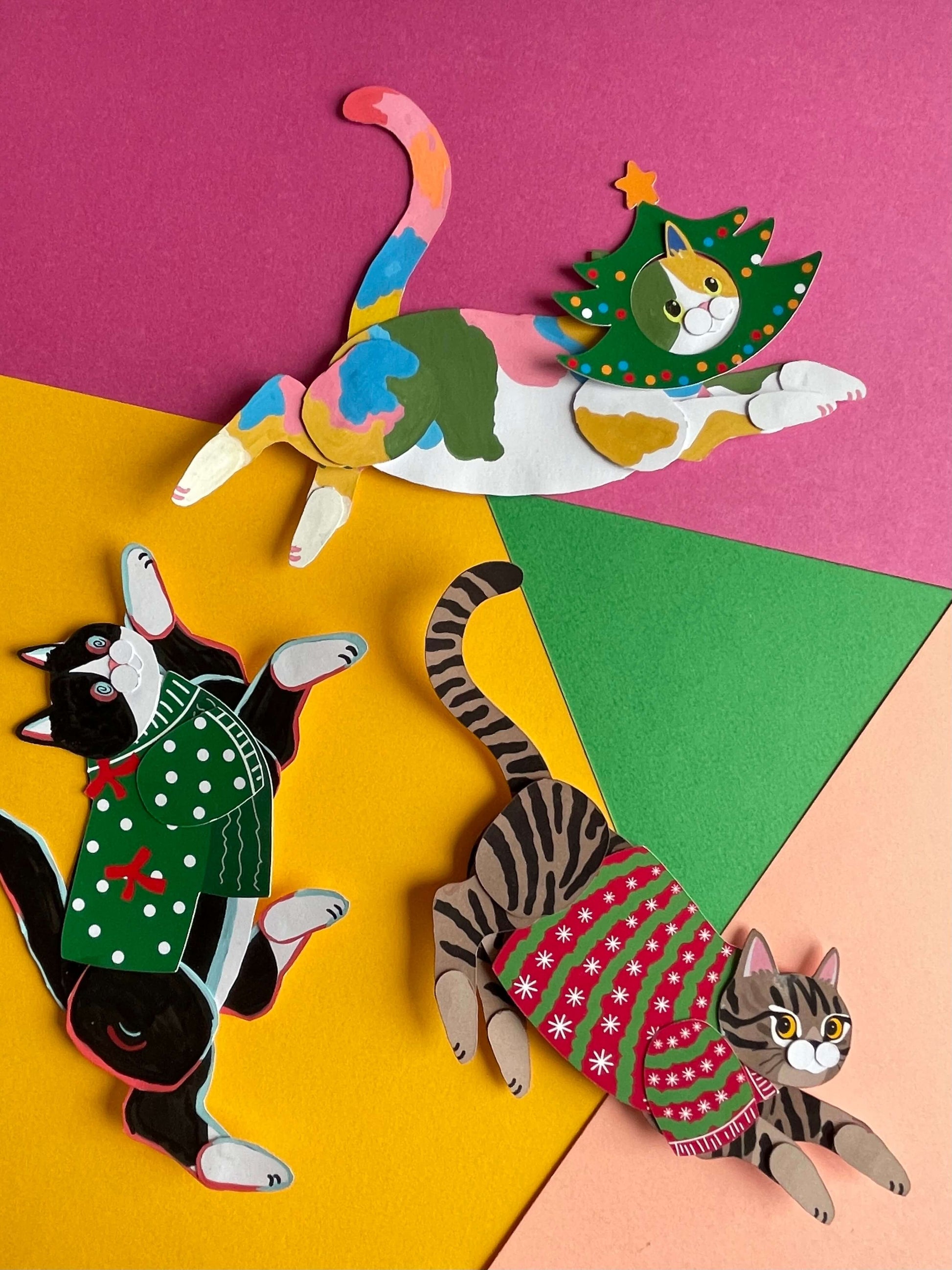 Christmas cat paper dolls, Cat paper doll digital template by ElkaYang. Christmas Cat ornament. Perfect for cat lovers. 