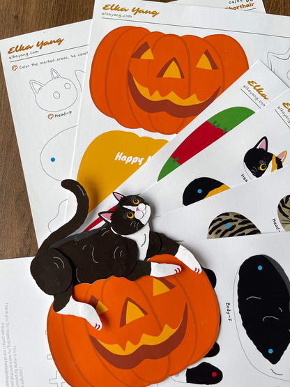 Halloween cat paper doll. Cat paper doll digital template by ElkaYang. Perfect for cat lovers.
