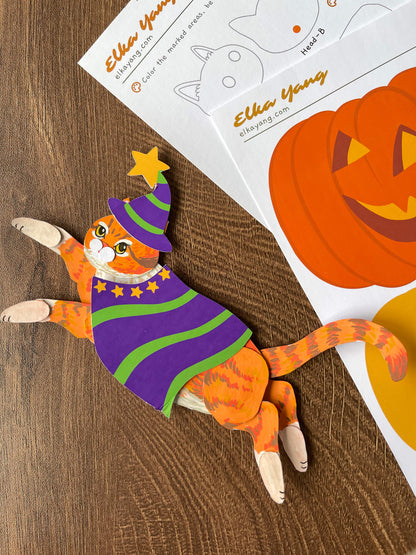 Halloween cat paper dolls, Cat paper doll digital template by ElkaYang. Halloween Cat ornament. Perfect for cat lovers. 