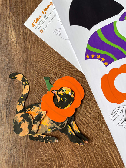 Halloween cat paper dolls, Cat paper doll digital template by ElkaYang. Halloween Cat ornament. Perfect for cat lovers. 